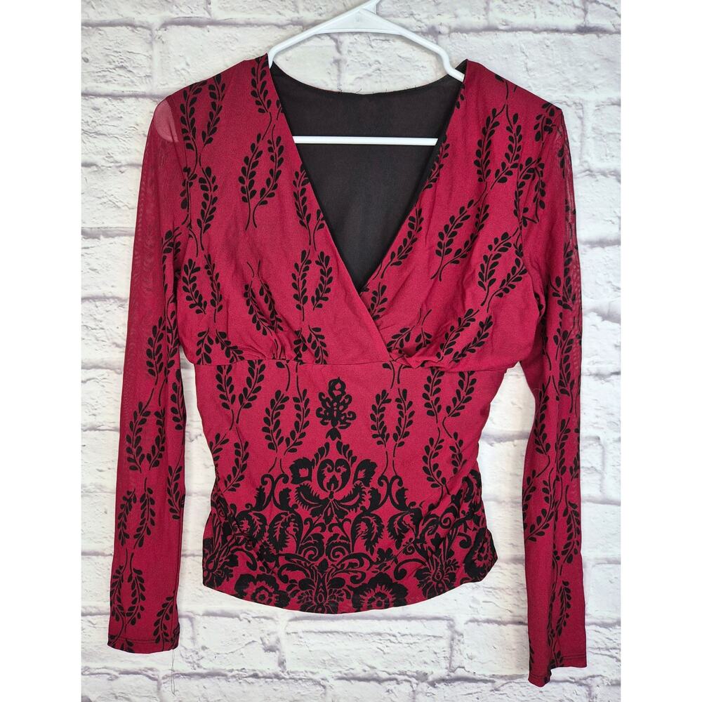 Vintage Y2K Whimsigoth Mesh Top Red Black Damask Long Sleeve Sheer VNeck Fairy M